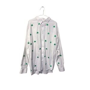 Castaway Nantucket Island Mens XXL White Green Shamrock Embroidered Button Shirt